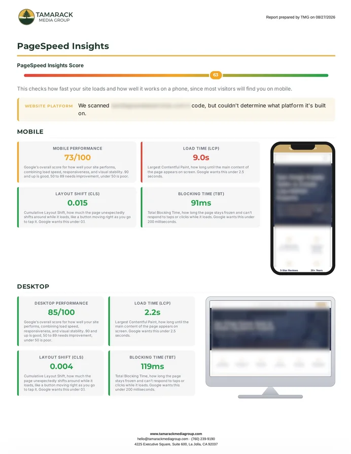 Audit report page showing mobile and desktop page speed scores with load time and layout shift measurements