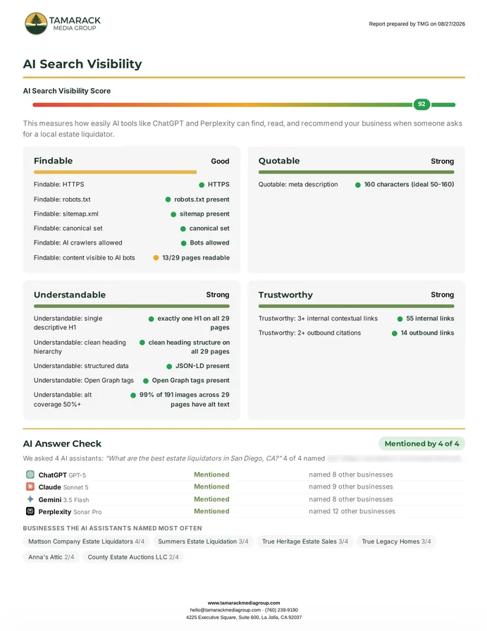 Audit report page checking whether AI assistants can find, read and recommend the business