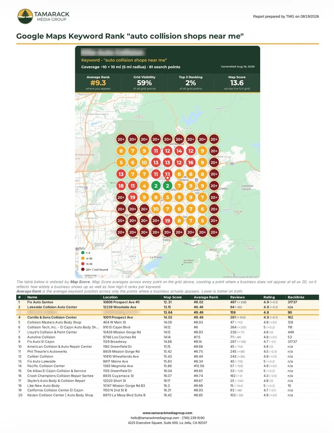 Audit report page showing a grid of map pins colored by local search rank across a service area