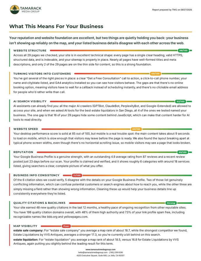Audit report summary page explaining each scored section in plain language