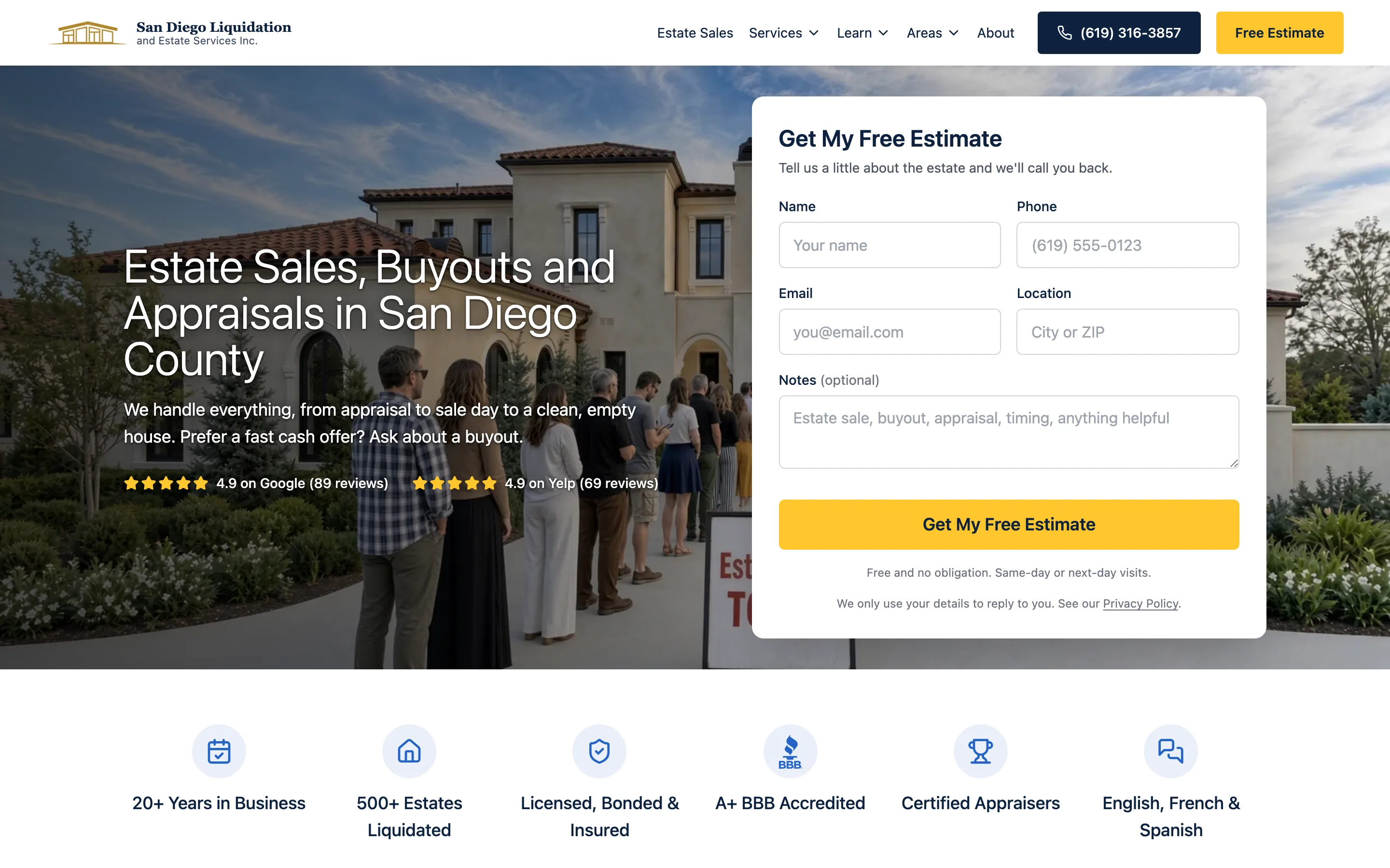 The San Diego Liquidation and Estate Services site we built, rebuilt around converting the leads they already pay for.