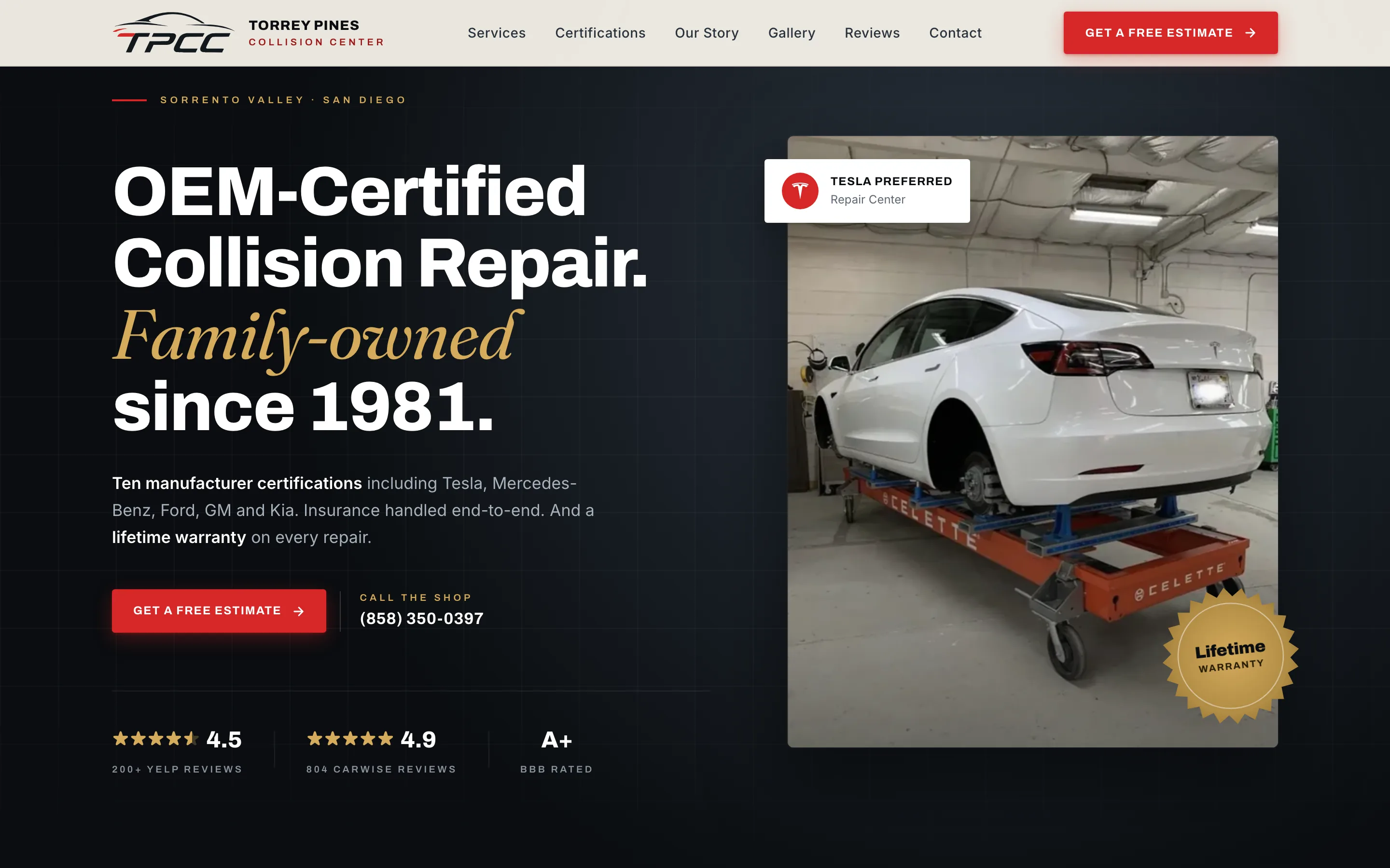 The Torrey Pines Collision Center site we built, with an estimate request front and center.