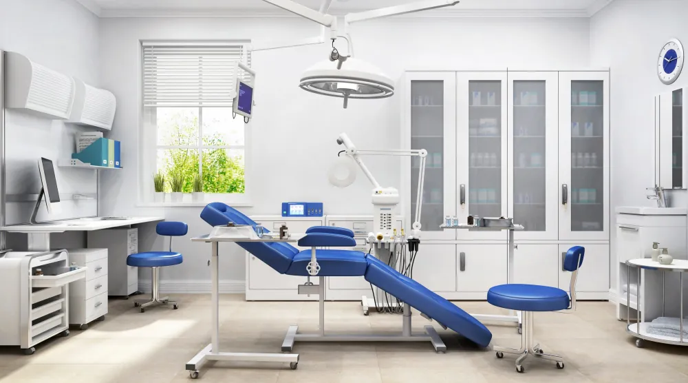 A clean modern med spa treatment room with a blue procedure chair and overhead exam light