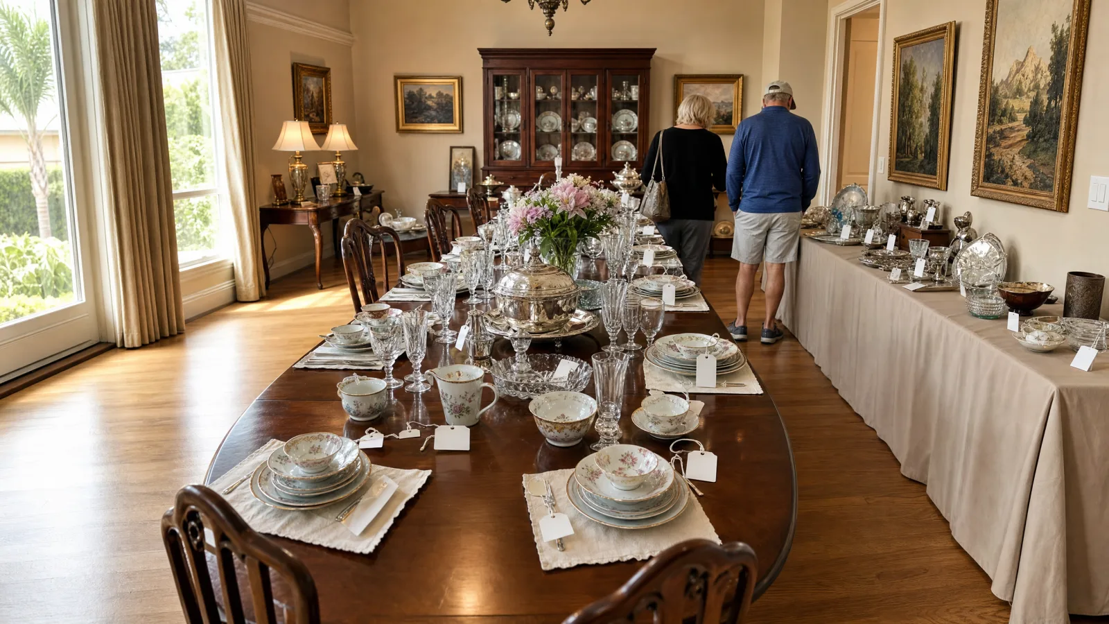 A dining room set up for an estate sale with china, crystal and silver in tagged rows