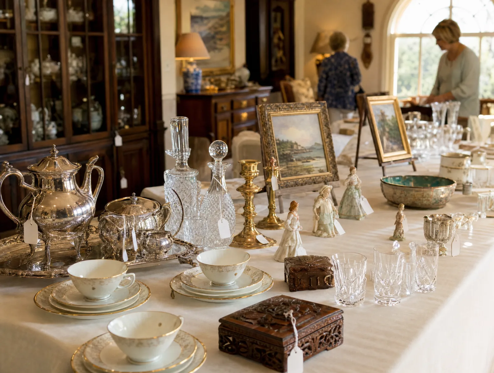 A linen-draped table of fine china, silver, crystal and framed paintings at an estate sale in a home