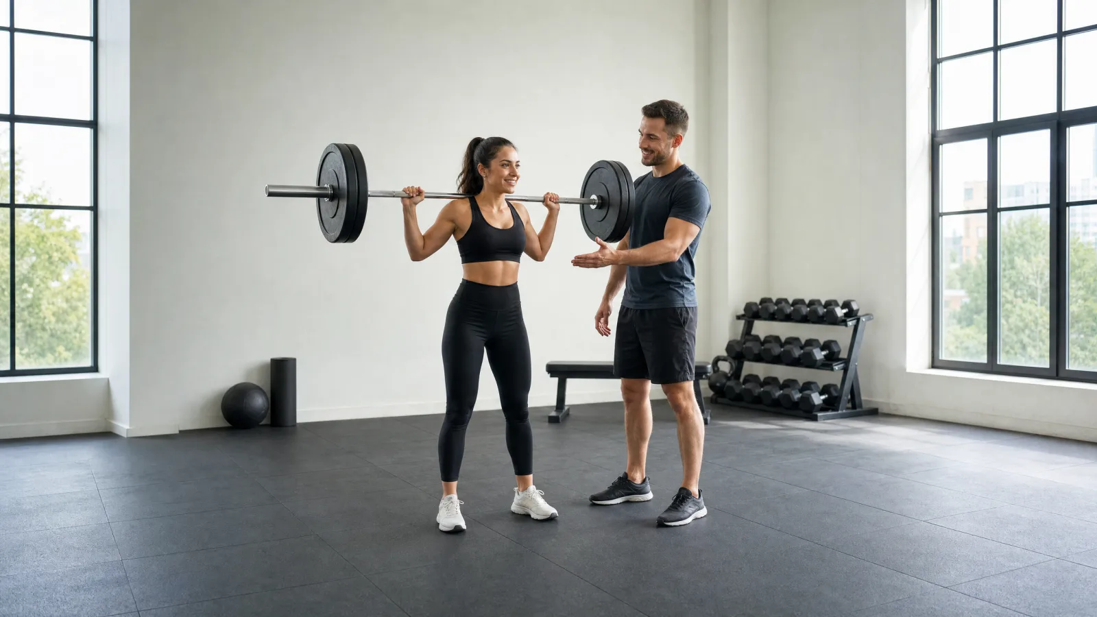 A personal trainer coaching a client through a barbell squat in a bright gym