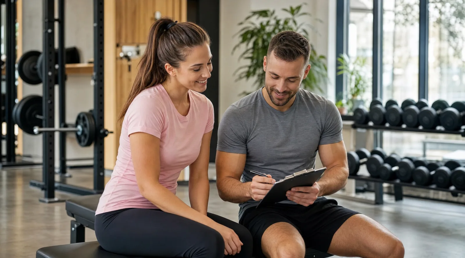 A personal trainer and client reviewing a workout plan on a clipboard in a bright modern gym