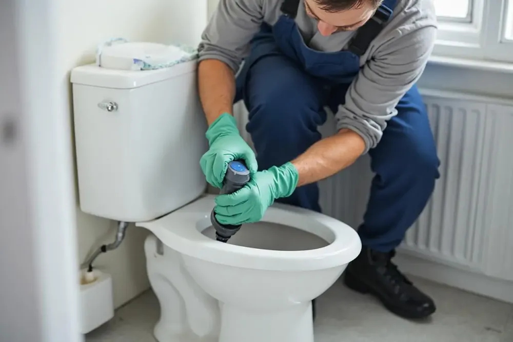 A plumber in green rubber gloves using a drain auger to clear a clogged toilet