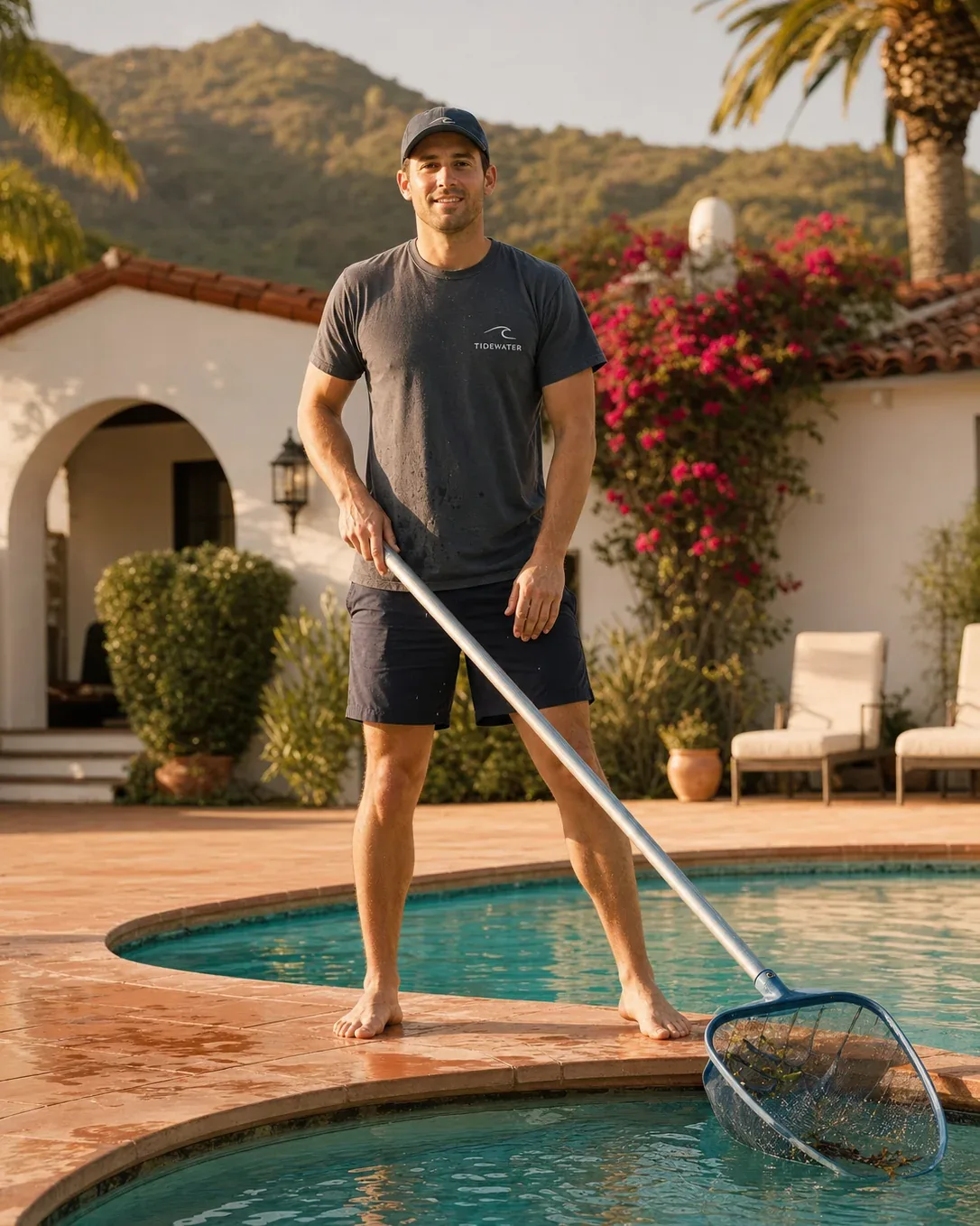 Pool service technician skimming a backyard swimming pool