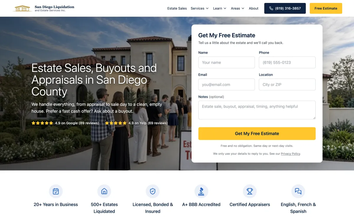 The San Diego Liquidation and Estate Services website