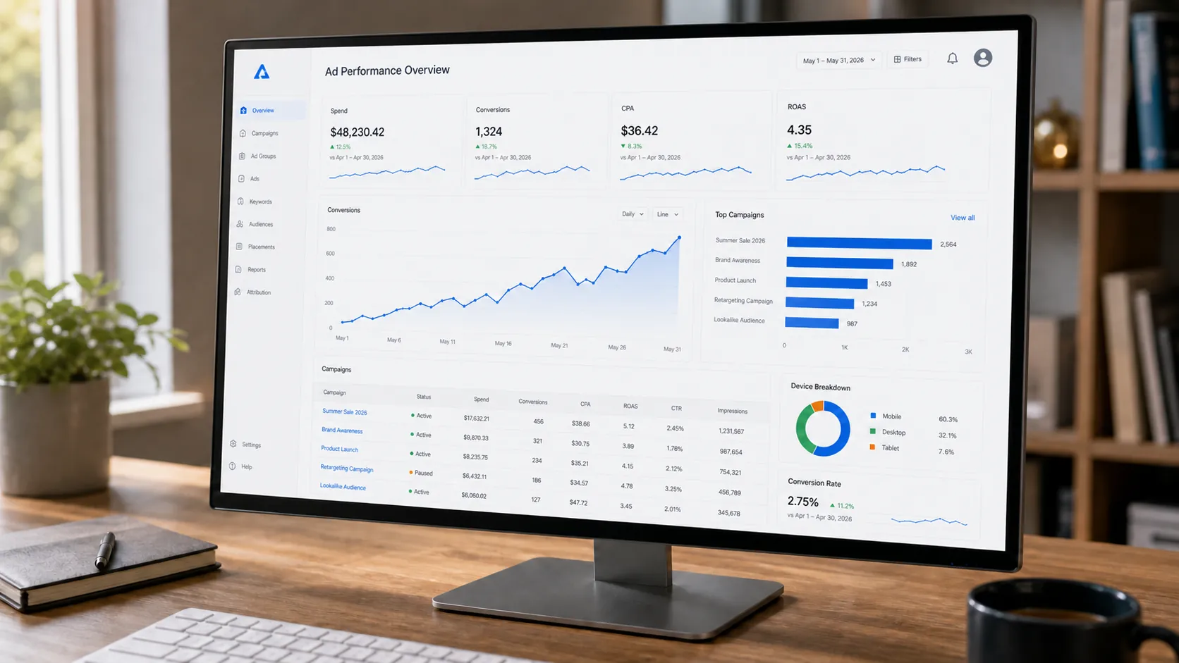 Ad performance dashboard showing spend, conversions, CPA, and ROAS metrics