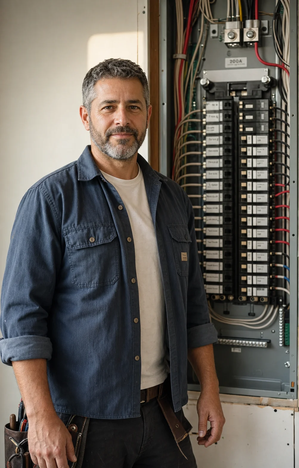 Andrei Volkov, master electrician and owner of Foundry Electric Co., standing in front of a 200A residential panel