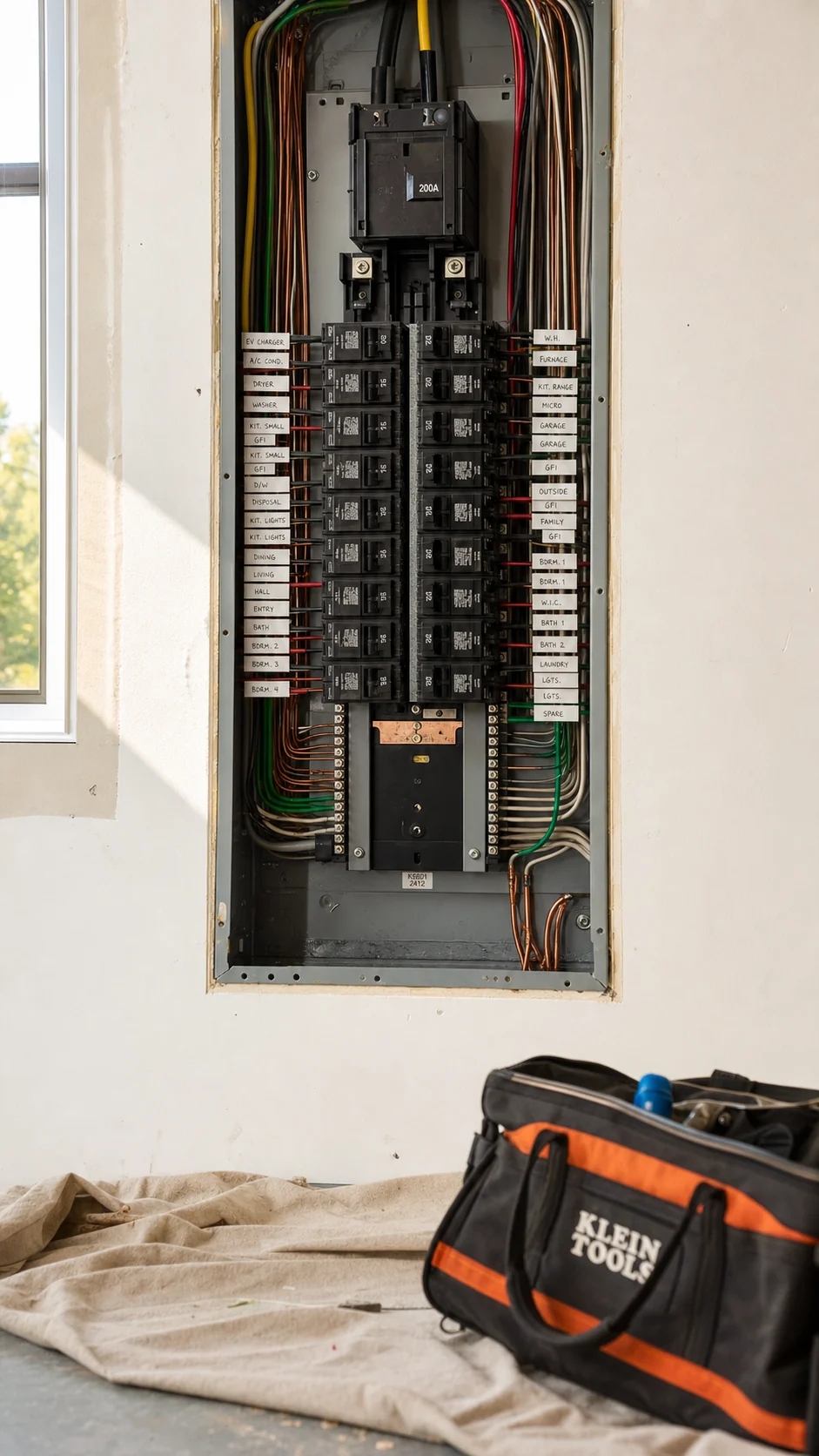 Recently-installed 200A residential electrical service panel with neatly bundled labeled breakers, a Klein tools bag in the foreground