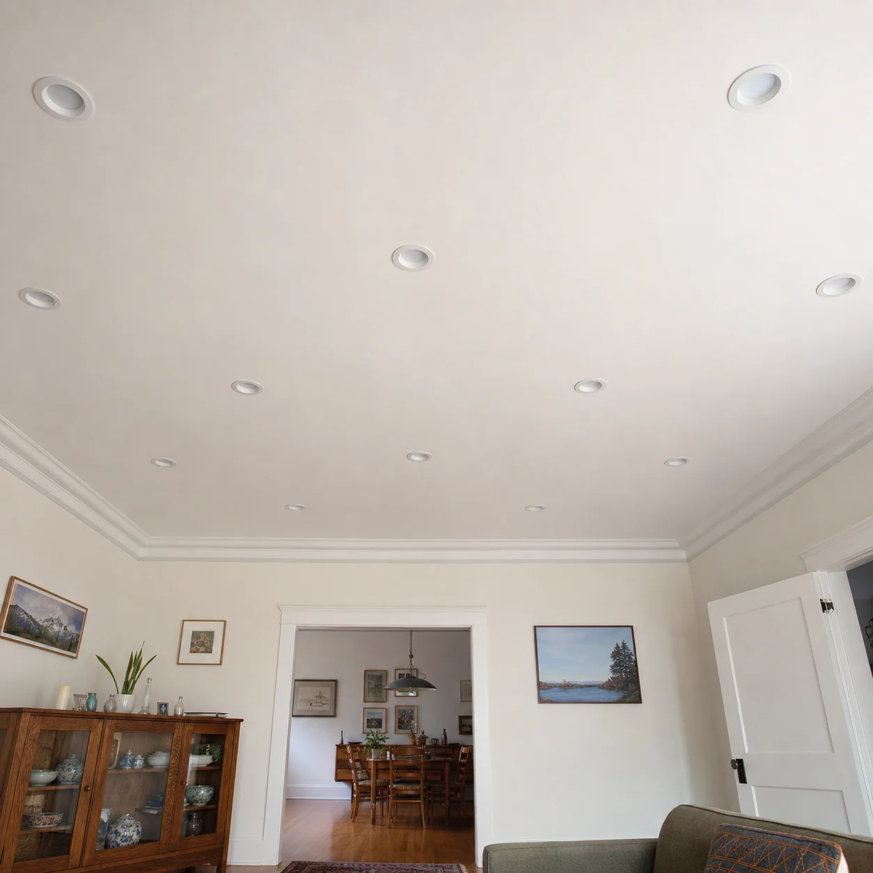 A grid of fourteen white LED recessed downlights evenly spaced across a Costa Mesa living-room ceiling