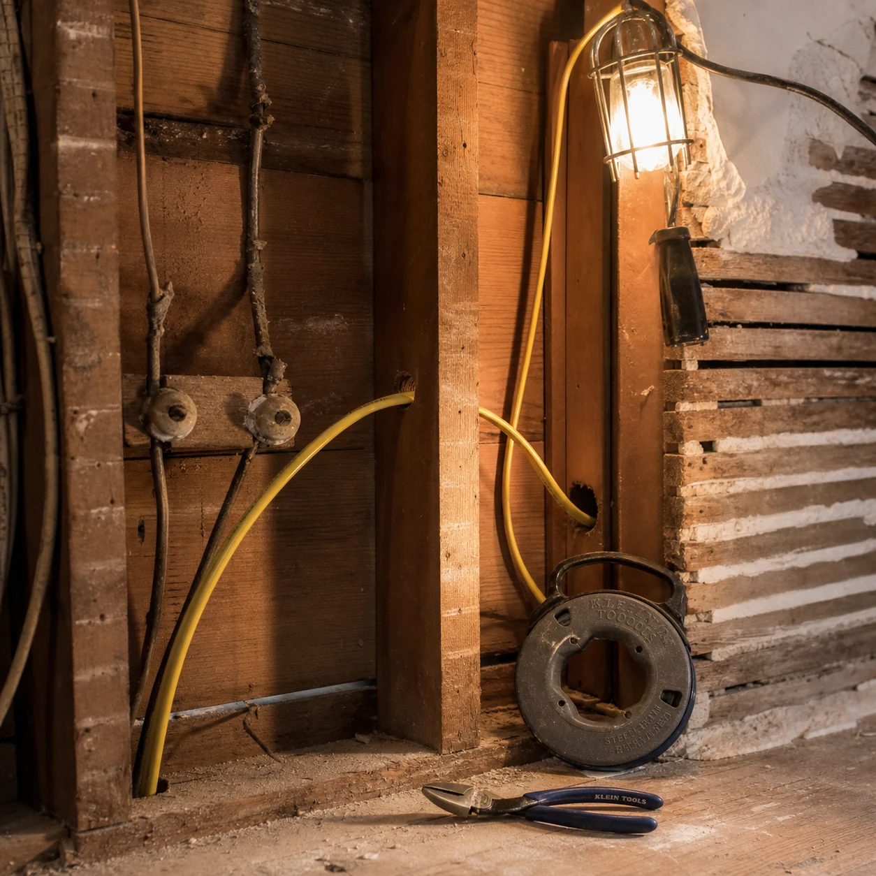 Inside an opened wall cavity of a 1940s craftsman home mid-rewire, with new yellow Romex being pulled past old knob-and-tube, Klein lineman pliers and a fish-tape spool on the floor