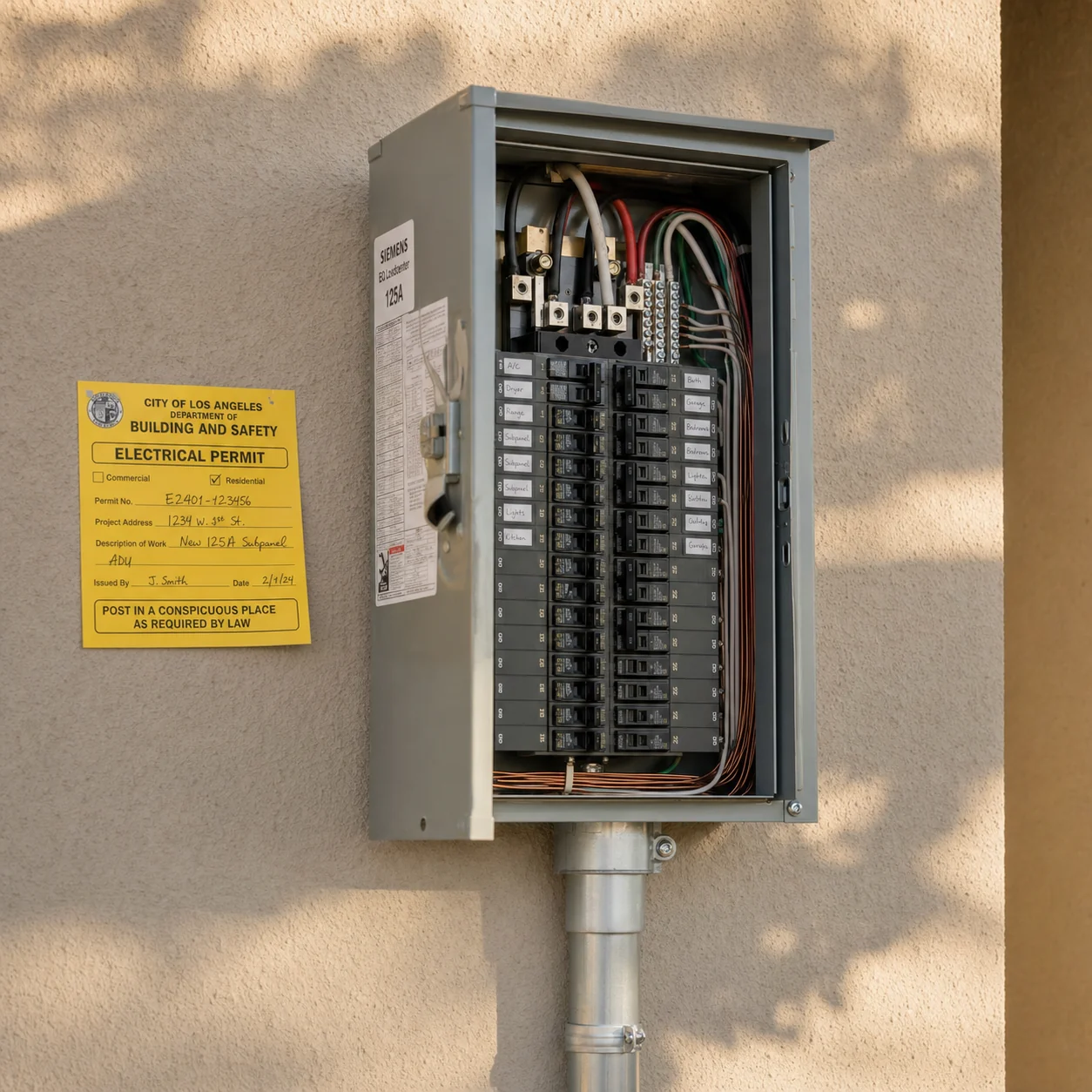 125A Siemens sub-panel mounted on a stucco exterior with a yellow city electrical permit posted beside it