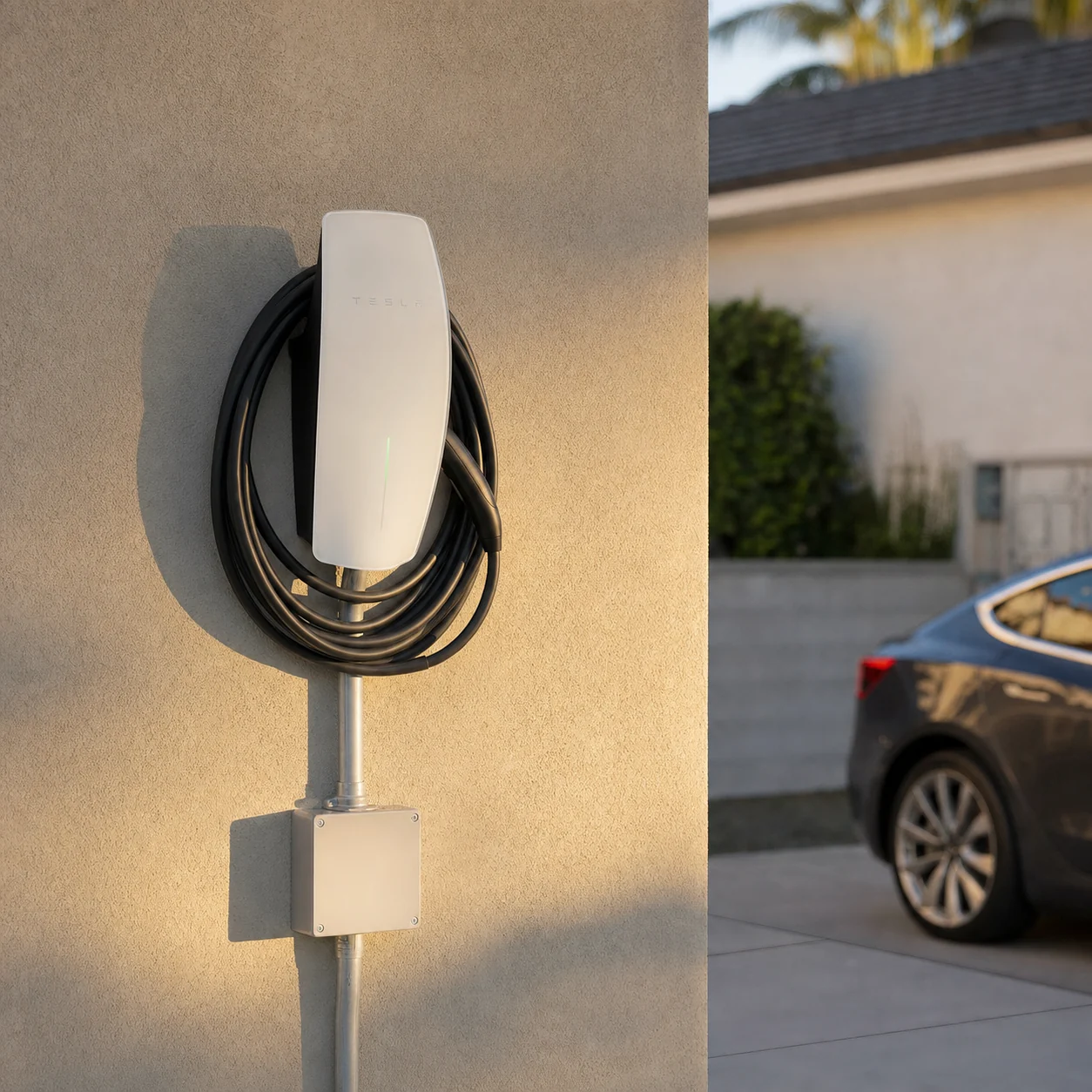 Wall-mounted Tesla Wall Connector freshly installed at an Irvine home, with charging cable coiled on the hook