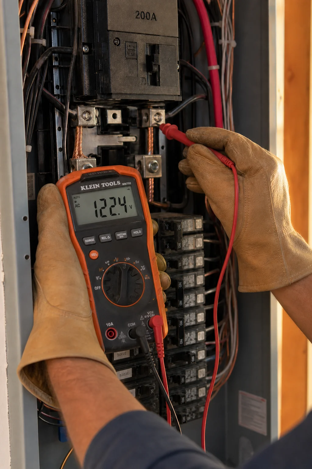 Master electrician's gloved hands testing voltage at a 200A residential panel with a Klein Tools multimeter, reading 122.4V on the bus bar
